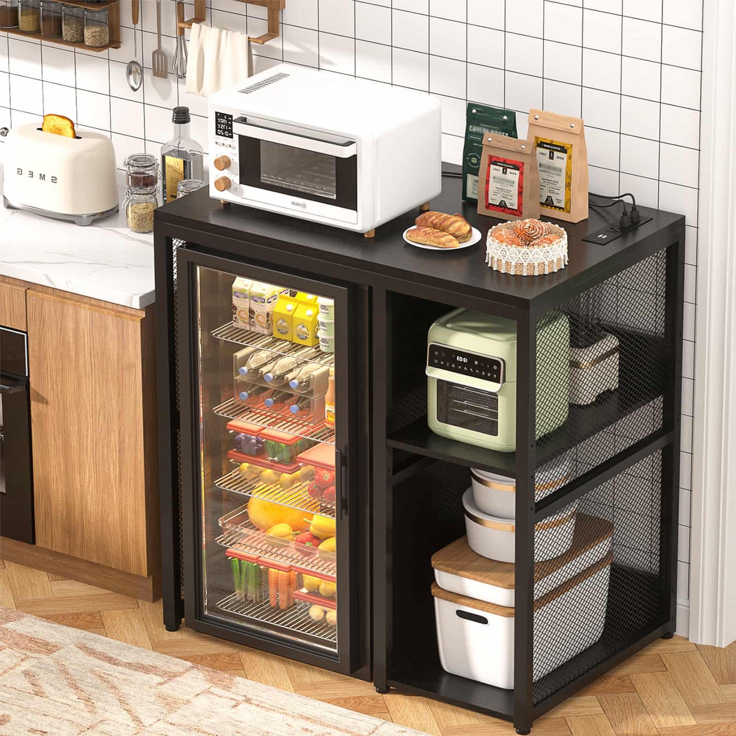 Mini Fridge Cabinet with Power Outlet, Coffee Bar Cabinet with Mini Fridge Space
