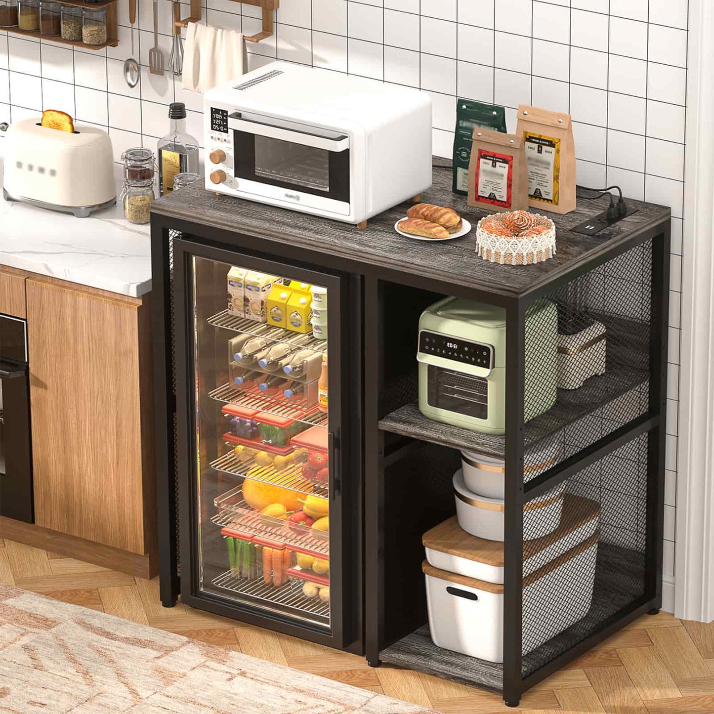 Mini Fridge Cabinet with Power Outlet, Coffee Bar Cabinet with Mini Fridge Space