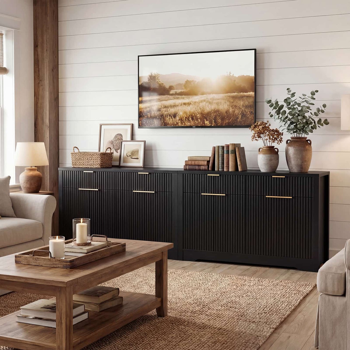 Buffet Cabinet with Storage, 55" Fluted Sideboard Buffet with Drawers