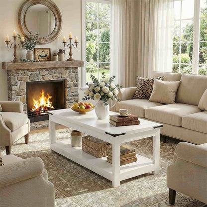 43.3” Farmhouse Wood Coffee Table with Storage Shelf, Modern Center Table for Living Room