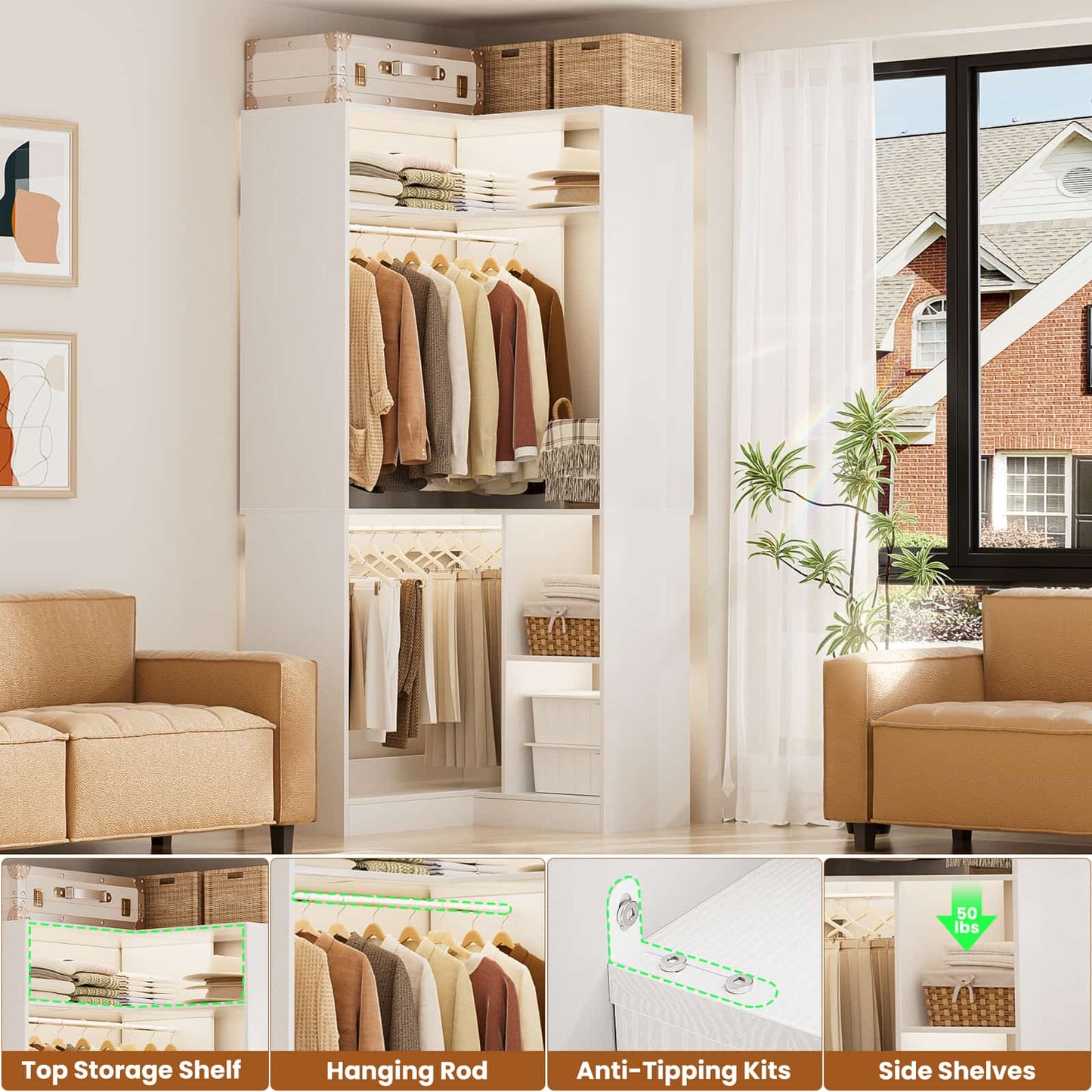 34’’ Corner Closet System with Shelves and Hanging Rods