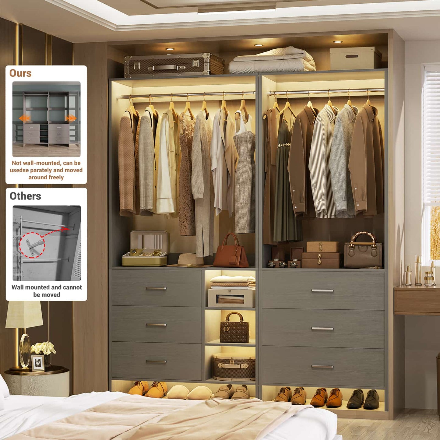 Closet System with 6 Drawers, 4.5ft Wood Closet Organizer System