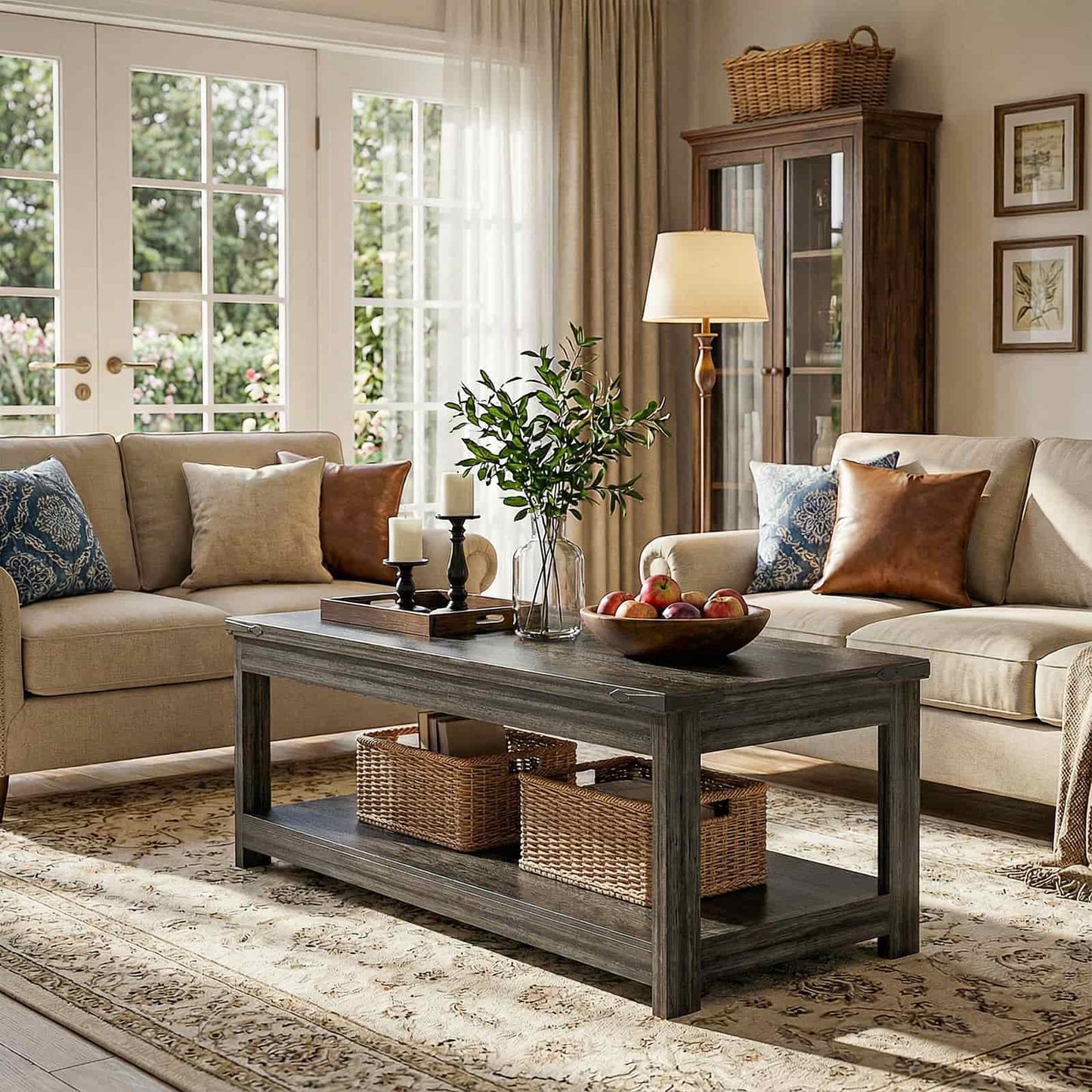 43.3” Farmhouse Wood Coffee Table with Storage Shelf, Modern Center Table for Living Room