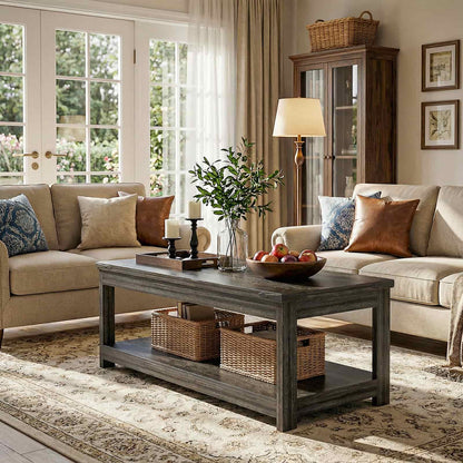 43.3” Farmhouse Wood Coffee Table with Storage Shelf, Modern Center Table for Living Room