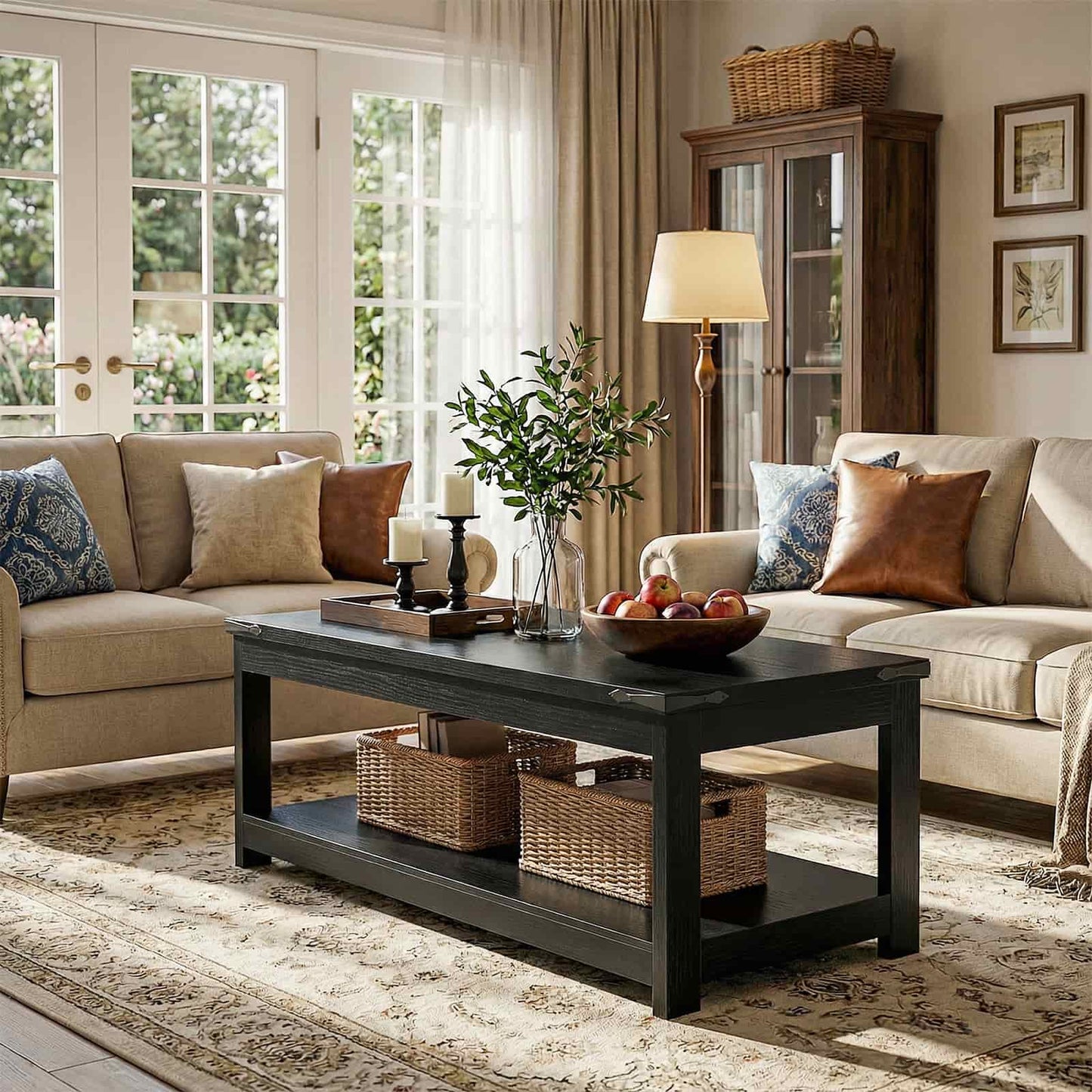 43.3” Farmhouse Wood Coffee Table with Storage Shelf, Modern Center Table for Living Room