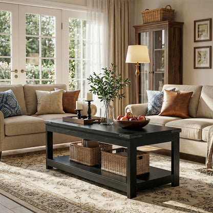 43.3” Farmhouse Wood Coffee Table with Storage Shelf, Modern Center Table for Living Room