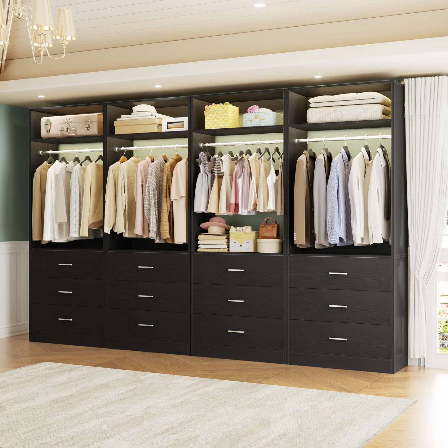 8FT (96 Inch) Closet Organizer System,Set of 4 - 12 Wood Drawers, 4 Hanging Rods & 4 Shelves