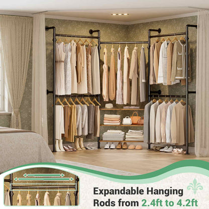 84"-128" Adjustable Metal Pipe Clothing Rack Wall-Mounted,Industrial Garment Rack with 3-Tier Wooden Shelves,Heavy-Duty 1000LBS Capacity