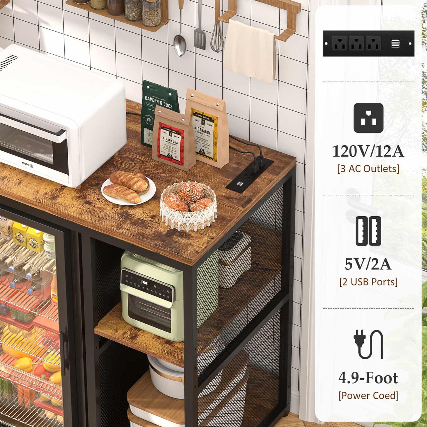 Mini Fridge Cabinet with Power Outlet, Coffee Bar Cabinet with Mini Fridge Space