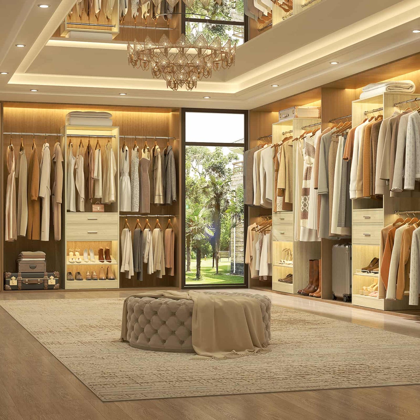 Closet System with Wooden Drawers, Adjustable Angled Shoe Rack