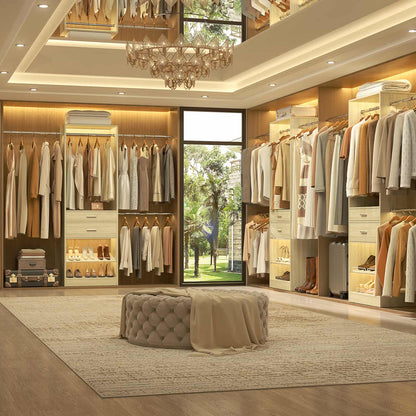 Closet System with Wooden Drawers, Adjustable Angled Shoe Rack