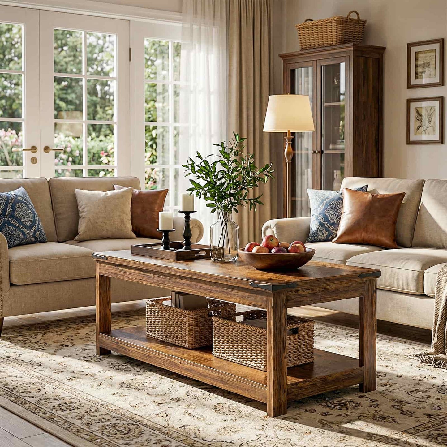 43.3” Farmhouse Wood Coffee Table with Storage Shelf, Modern Center Table for Living Room