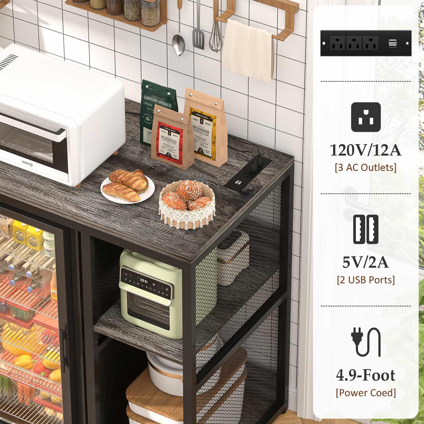 Mini Fridge Cabinet with Power Outlet, Coffee Bar Cabinet with Mini Fridge Space