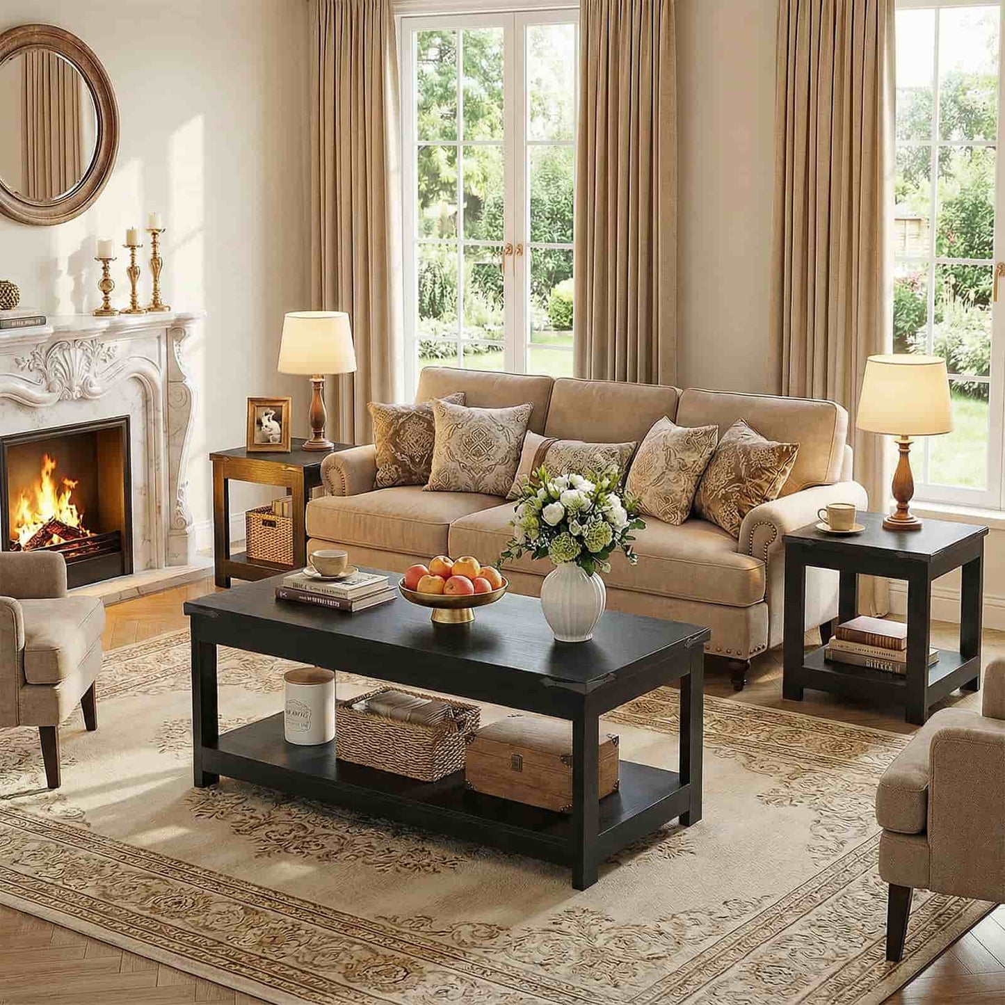43.3” Farmhouse Wood Coffee Table with Storage Shelf, Modern Center Table for Living Room