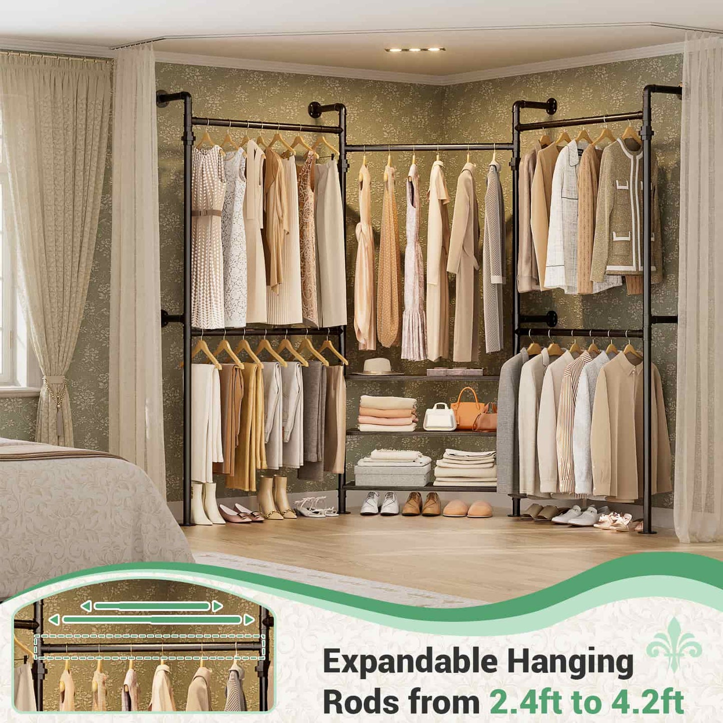 84"-128" Adjustable Metal Pipe Clothing Rack Wall-Mounted,Industrial Garment Rack with 3-Tier Wooden Shelves,Heavy-Duty 1000LBS Capacity
