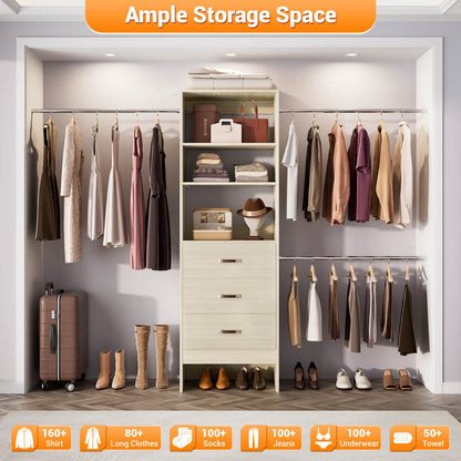 Adjustable 5-8FT Wall-Mounted Closet Organizer System with 3 Hanging Rods & 3 Wood Drawers