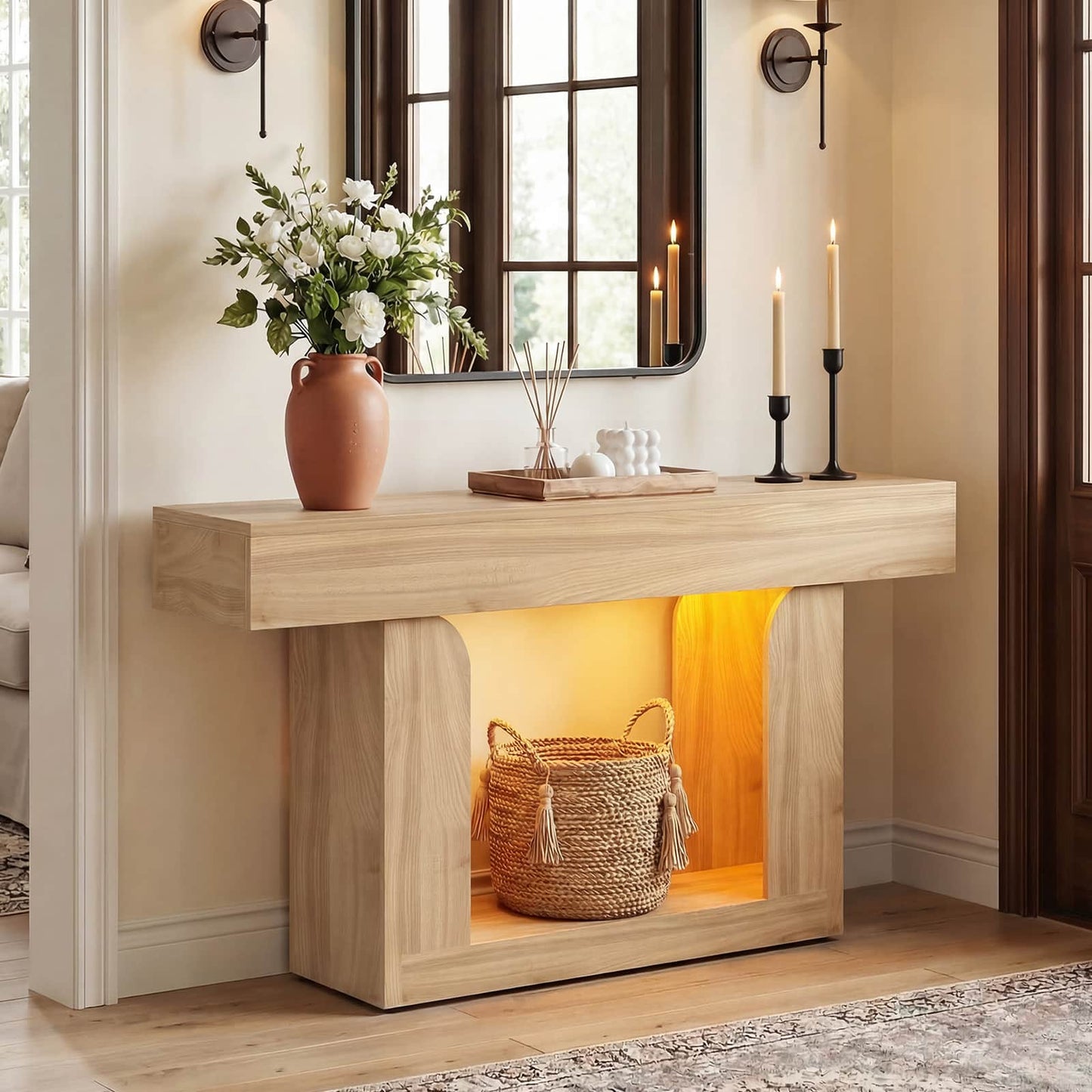 47" Farmhouse Console Table -LED Lights & Charging Station, Narrow Sofa Table for Entryway, Living Room, Foyer, Hallway