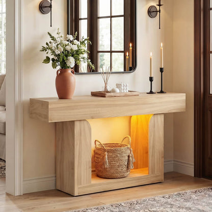 47" Farmhouse Console Table -LED Lights & Charging Station, Narrow Sofa Table for Entryway, Living Room, Foyer, Hallway