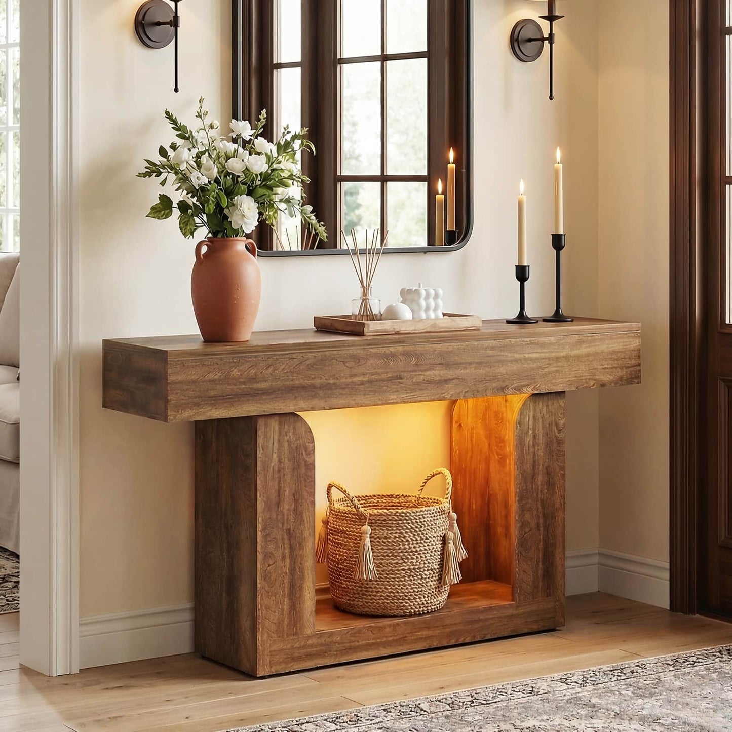 47" Farmhouse Console Table -LED Lights & Charging Station, Narrow Sofa Table for Entryway, Living Room, Foyer, Hallway