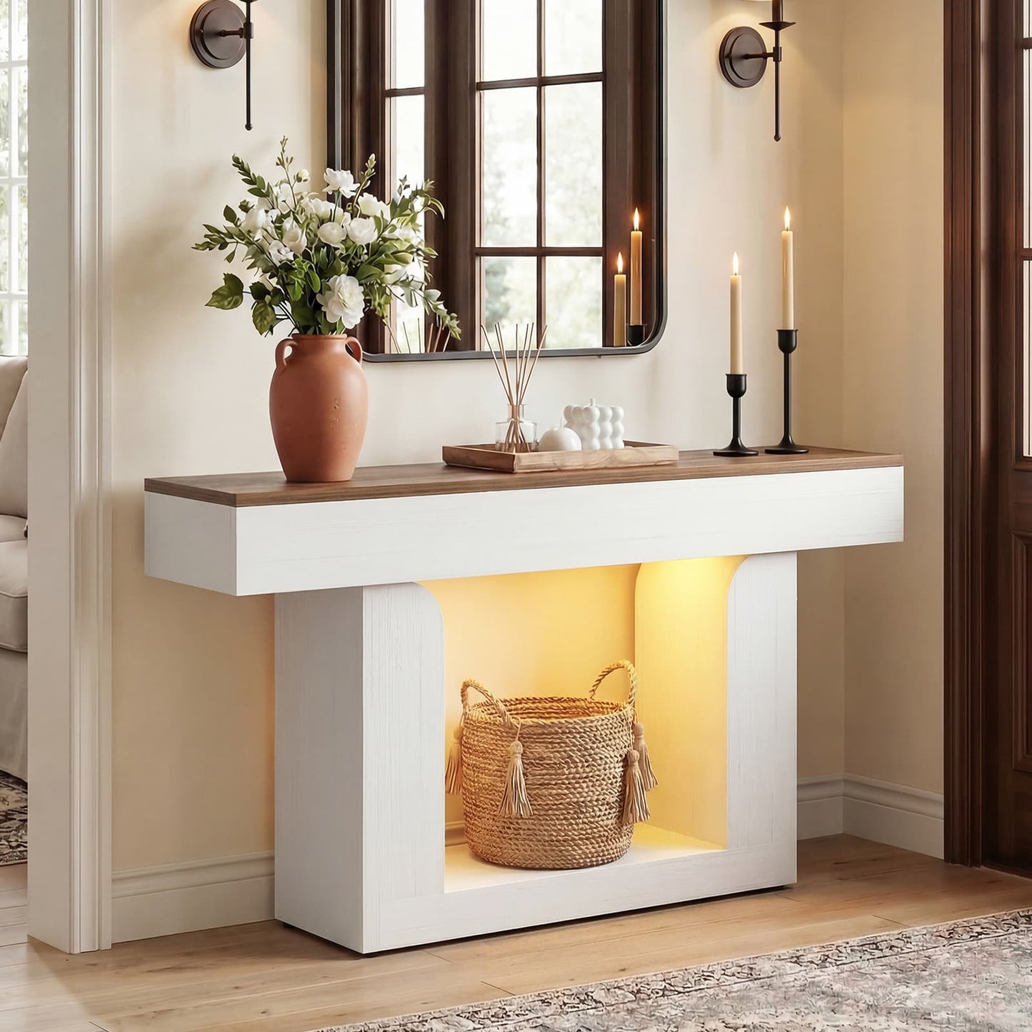 47" Farmhouse Console Table -LED Lights & Charging Station, Narrow Sofa Table for Entryway, Living Room, Foyer, Hallway