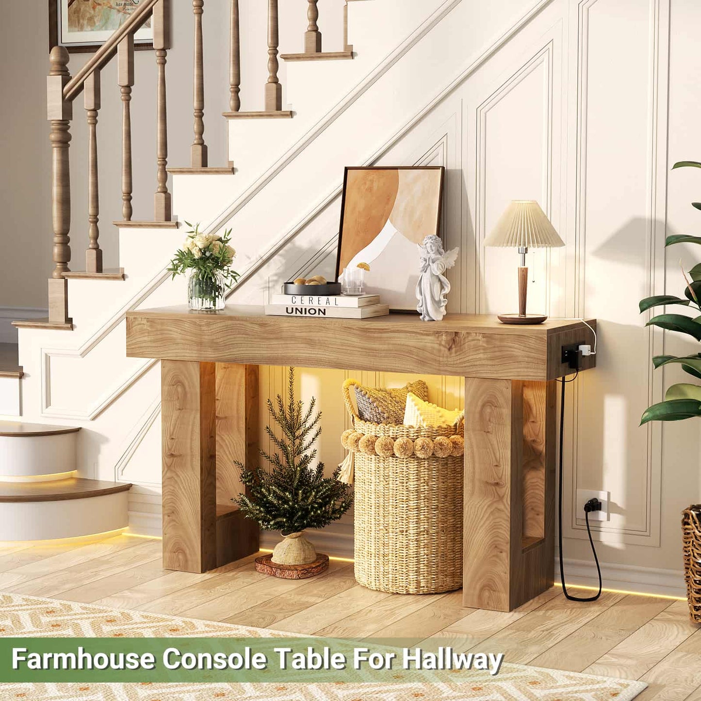 47" Console Table with Socket & Sensor Light, Narrow Entryway Table with Storage for Hallway/Living Room, Farmhouse Style