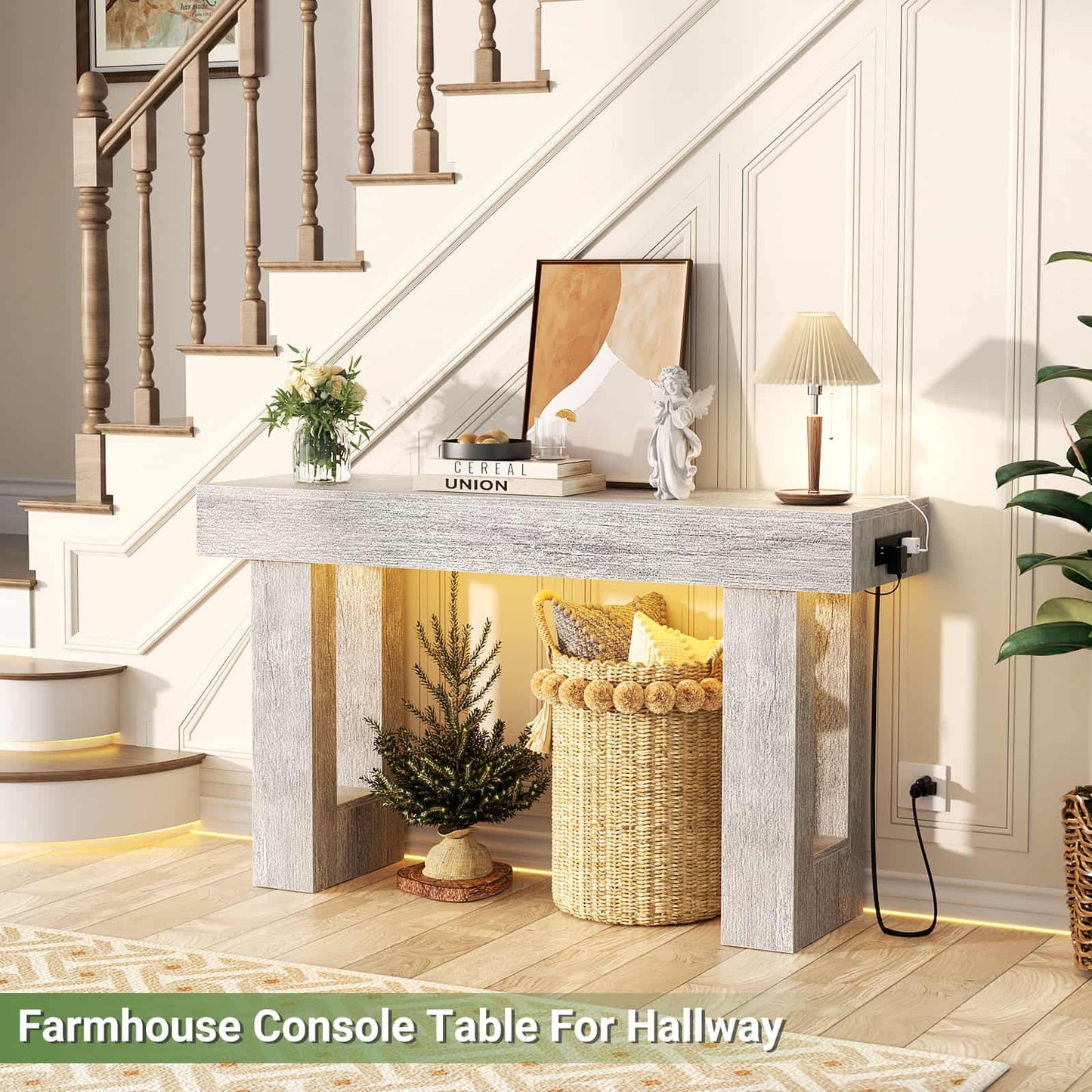 47" Console Table with Socket & Sensor Light, Narrow Entryway Table with Storage for Hallway/Living Room, Farmhouse Style
