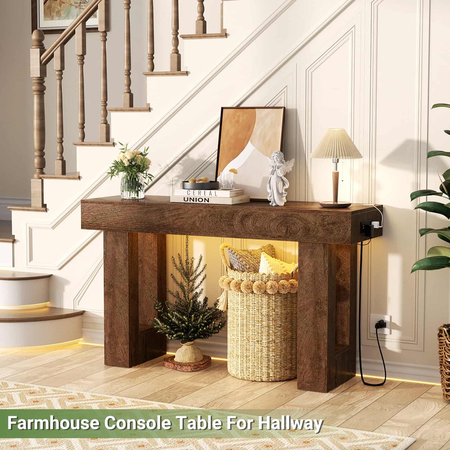 47" Console Table with Socket & Sensor Light, Narrow Entryway Table with Storage for Hallway/Living Room, Farmhouse Style
