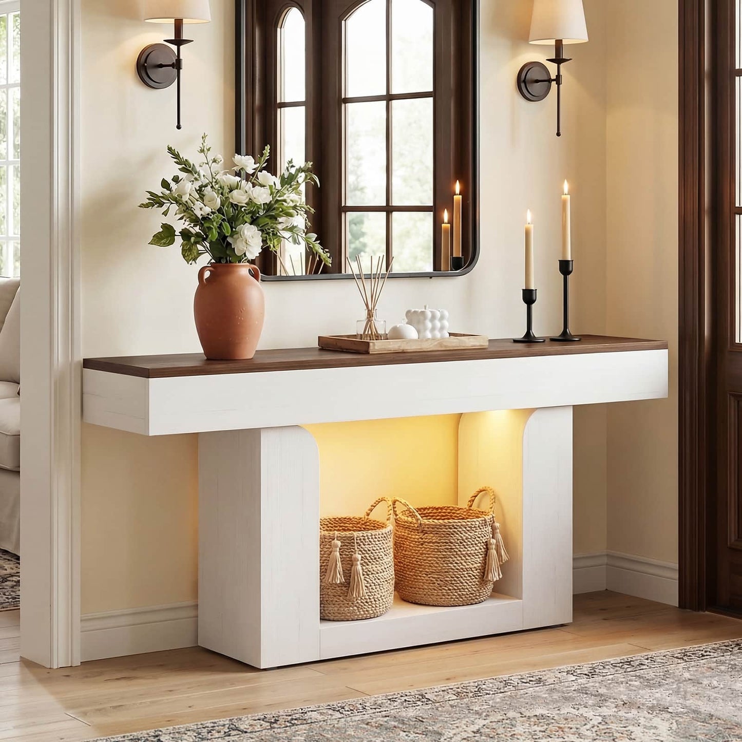 63" Farmhouse Console Table -LED Lights & Charging Station, Narrow Sofa Table for Entryway, Living Room, Foyer, Hallway, Behind Couch