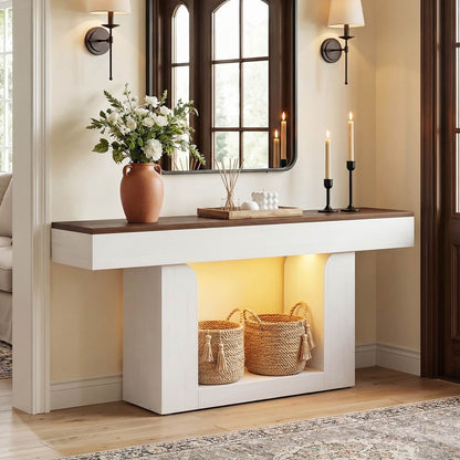 63" Farmhouse Console Table -LED Lights & Charging Station, Narrow Sofa Table for Entryway, Living Room, Foyer, Hallway, Behind Couch