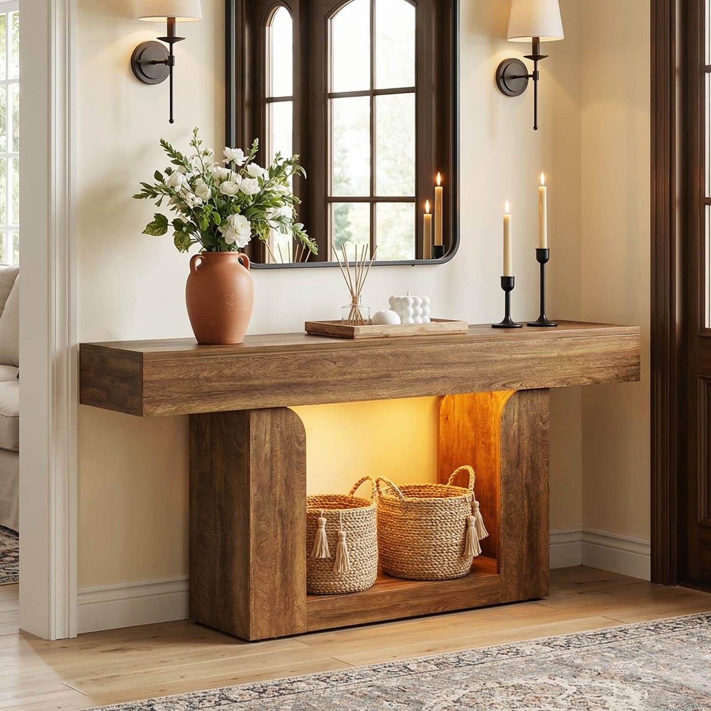 63" Farmhouse Console Table -LED Lights & Charging Station, Narrow Sofa Table for Entryway, Living Room, Foyer, Hallway, Behind Couch