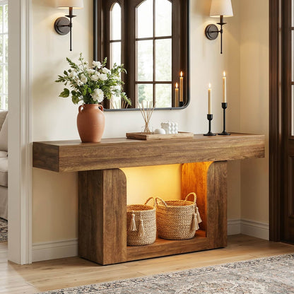 63" Farmhouse Console Table -LED Lights & Charging Station, Narrow Sofa Table for Entryway, Living Room, Foyer, Hallway, Behind Couch