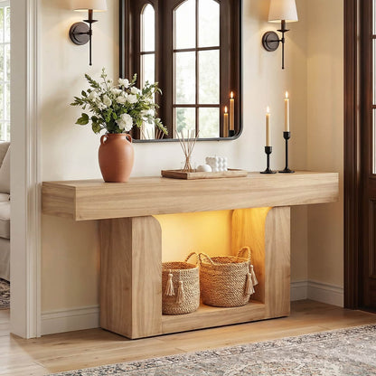63" Farmhouse Console Table -LED Lights & Charging Station, Narrow Sofa Table for Entryway, Living Room, Foyer, Hallway, Behind Couch
