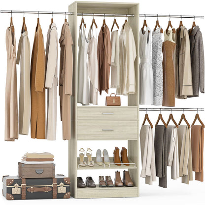 Closet System with Wooden Drawers, Adjustable Angled Shoe Rack