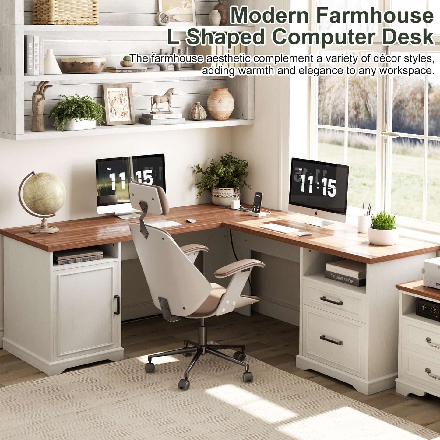 L Shaped Executive Desk with File Drawers, 60" Corner Computer Desk with Power Outlets