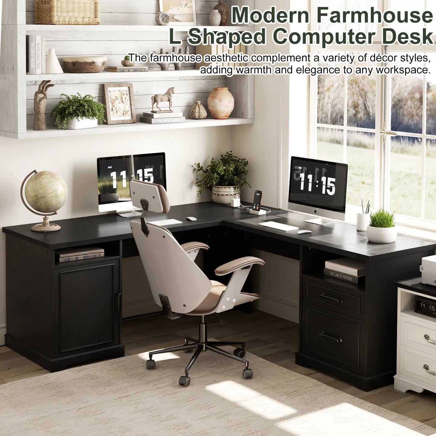 L Shaped Executive Desk with File Drawers, 60" Corner Computer Desk with Power Outlets