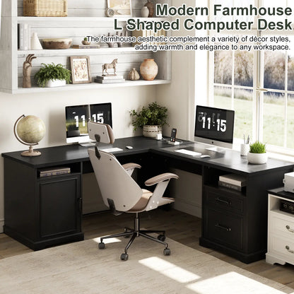 L Shaped Executive Desk with File Drawers, 60" Corner Computer Desk with Power Outlets