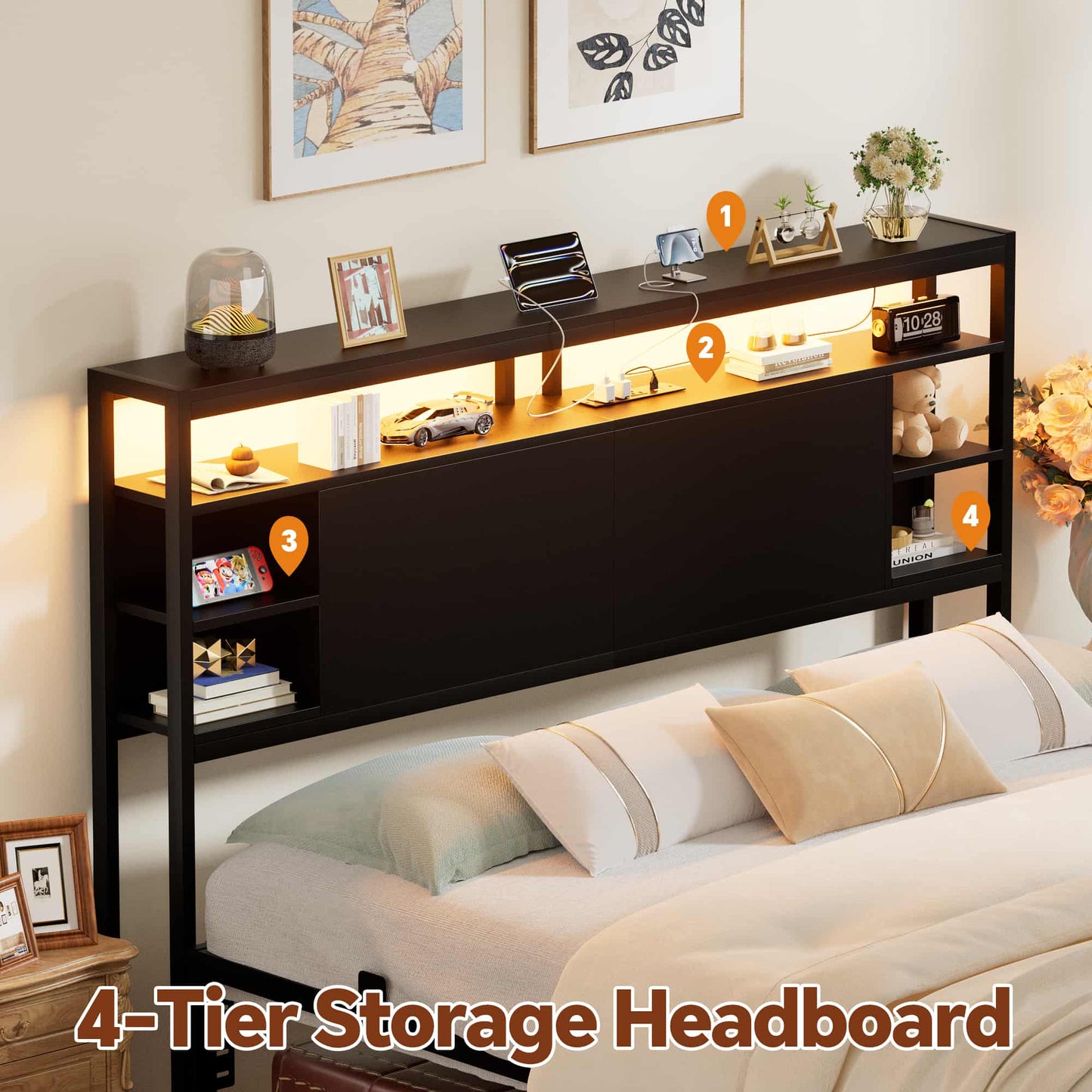 Queen Headboard with Storage, Headboards with Power Outlets and Smart LED Light, Sturdy Head Board for Queen Size Bed