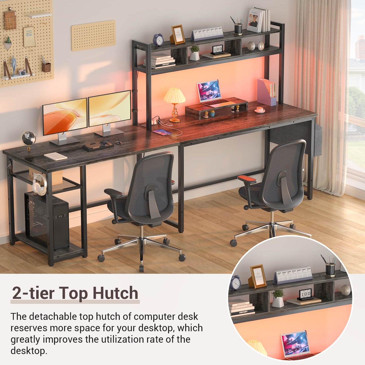 L Shaped Desk with Power Outlet, LED Strip, Storage Shelf