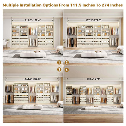 Modular Closet System 4-Pack, 12-24ft Expandable Walk-in Wardrobe Organizer with 16 Wooden Drawers & 16 Hanging Rods