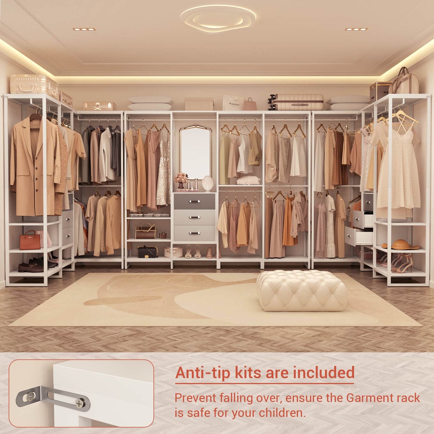 Closet System Organizer Walk-in Closet for Bedroom with 3 Wood Drawers
