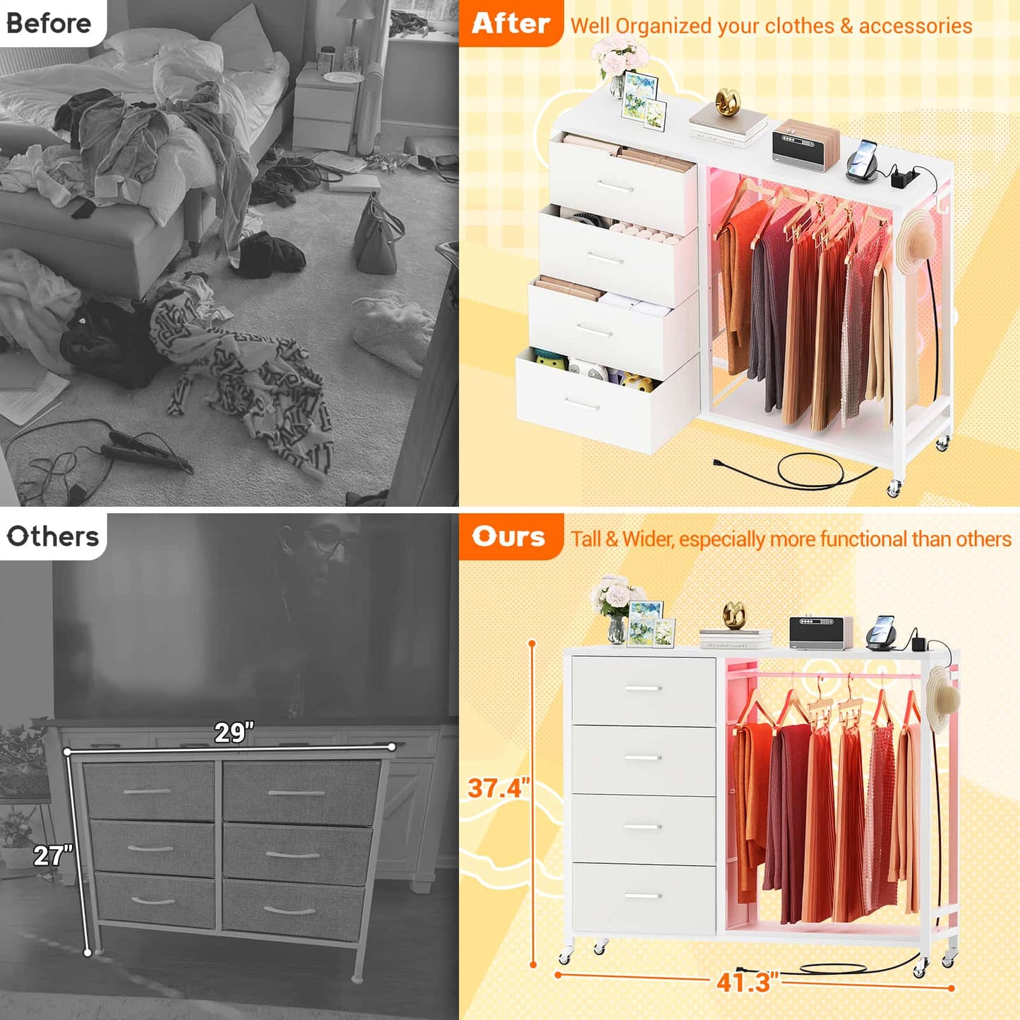 Dresser with Hanging Rack & 4 Drawers