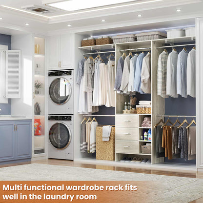8FT Walk-in Armoire Closet Organizer with 3 Wooden Drawers & Hanging Rods, Adjustable Garment Rack for 5.3-9 ft Spaces,Wardrobe Storage Shelf