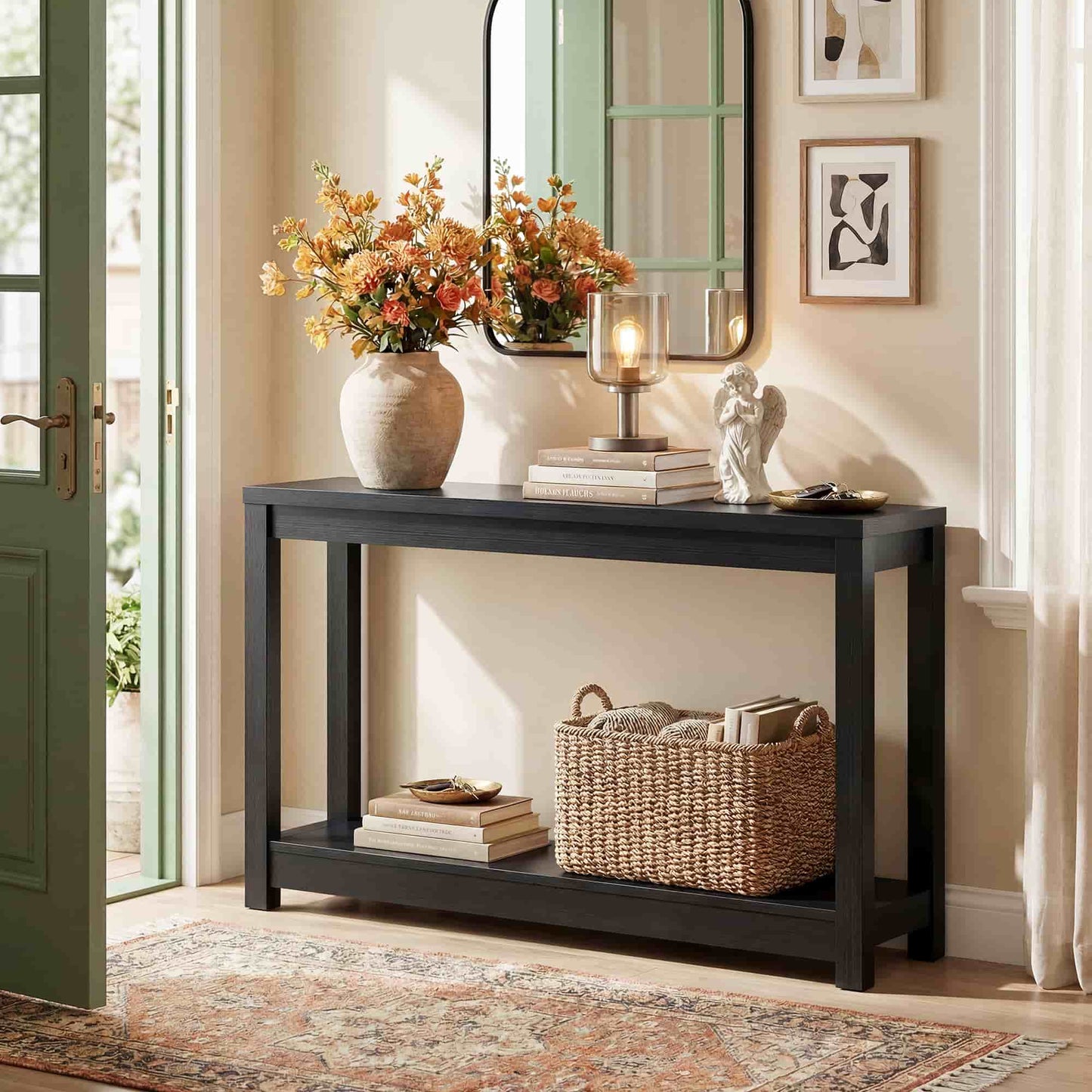 47" Farmhouse Wood Narrow Console Table with Open Storage Shelves: Entryway/Sofa Table, Easy Assembly, Embossed Wood