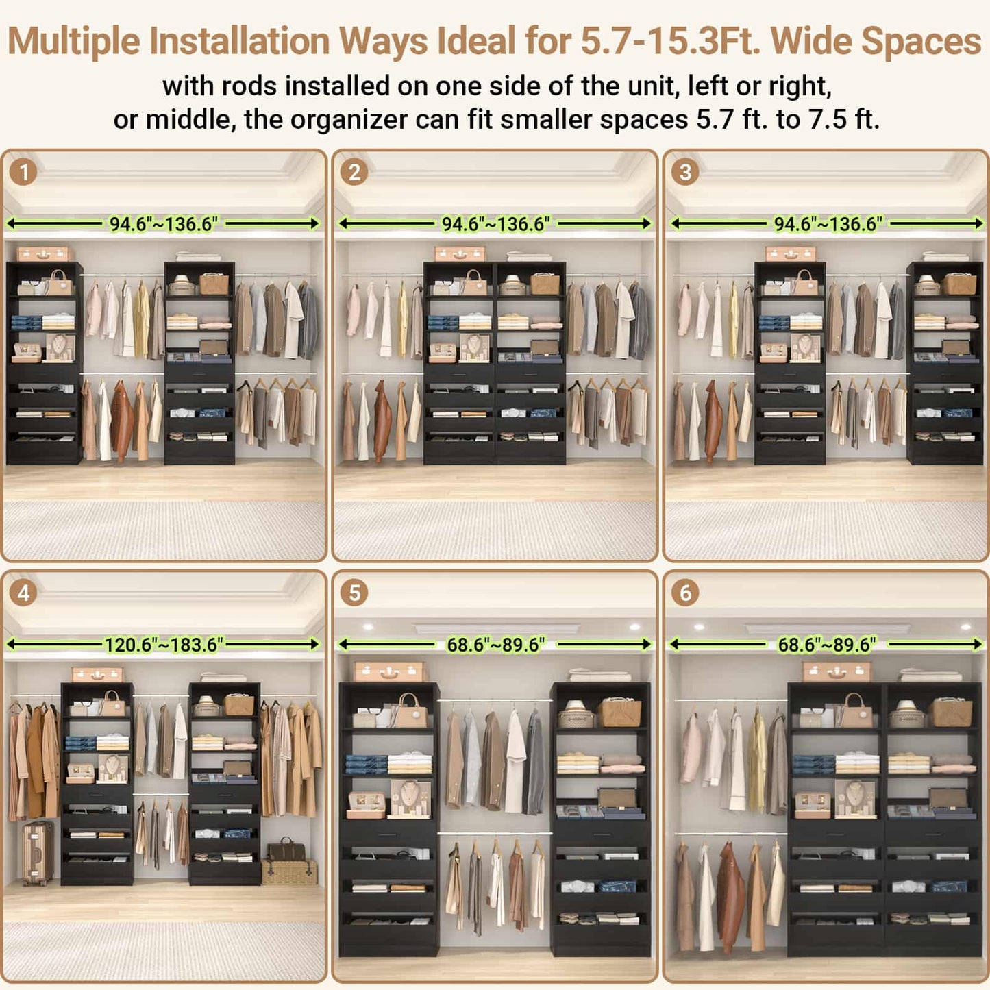 Adjustable Closet Organizer System (6-15Ft) with 8 Wooden Drawers & Modular Tower