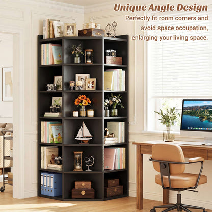 7-Tier Corner Cube Book Shelf - Wooden L-Shaped Storage Cabinet with Top Table for Small Spaces, Home Office, Bedroom, Living Room