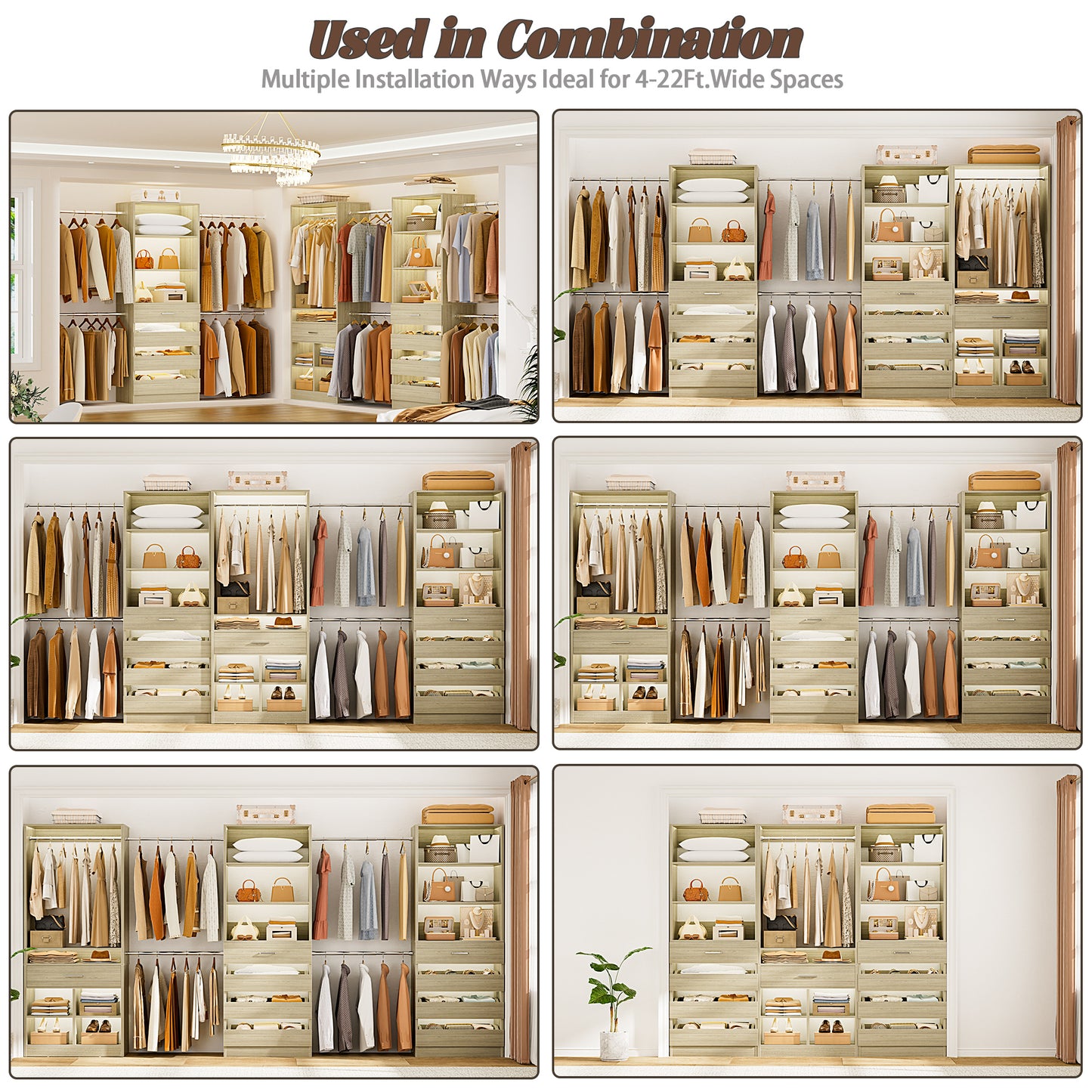 3 sets Wardrobe Closet - Two Adjustable Wooden Closet Systems with 8 Drawers & 8 Hanging Rods and One Freestanding Tower with 4 Cubby Storage