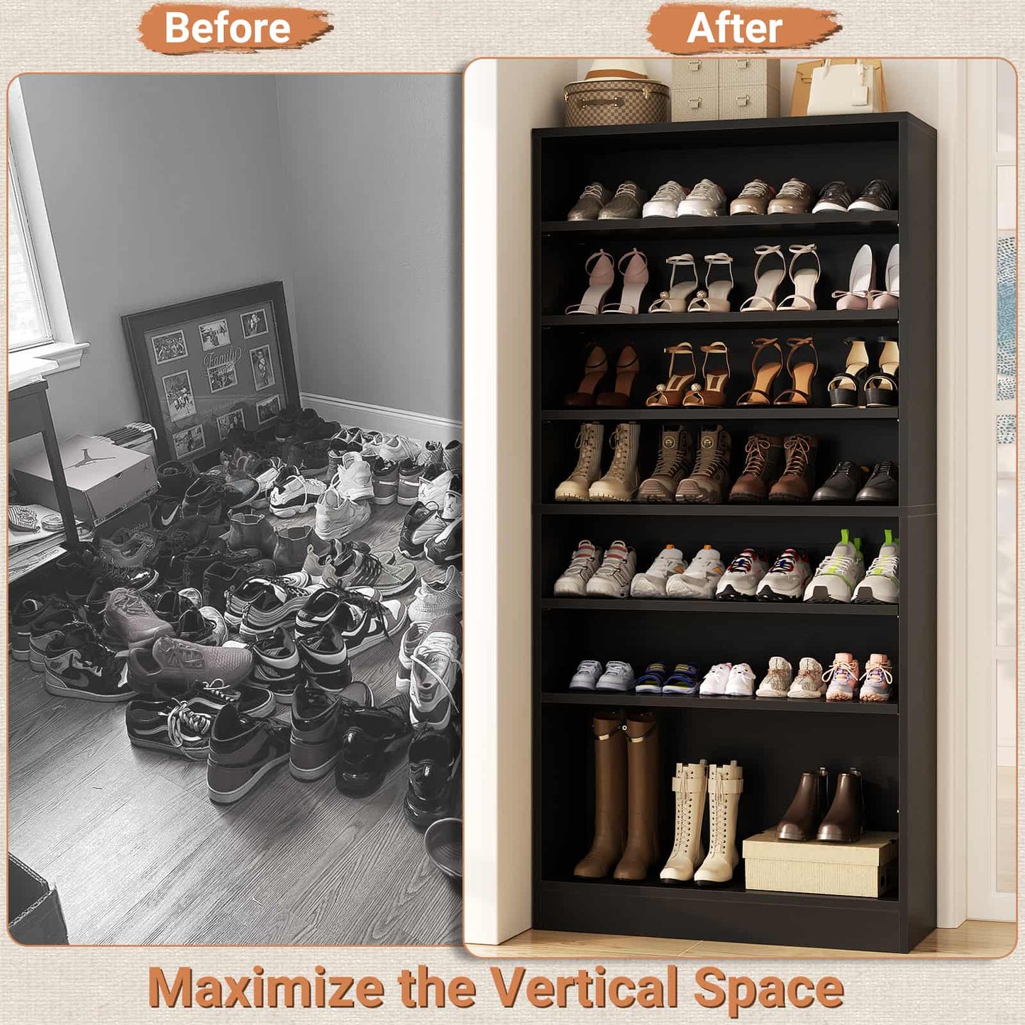 Tall Shoe Cabinet, 9-Tier Wood Shoe Storage Organizer
