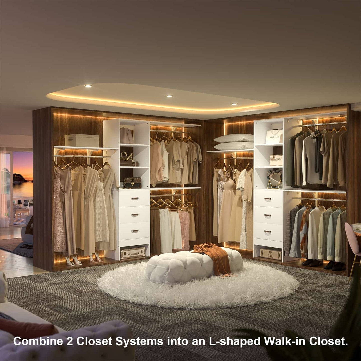 96‘’ W Closet System, Walk In Closet Organizer with 3 Shelving Towers