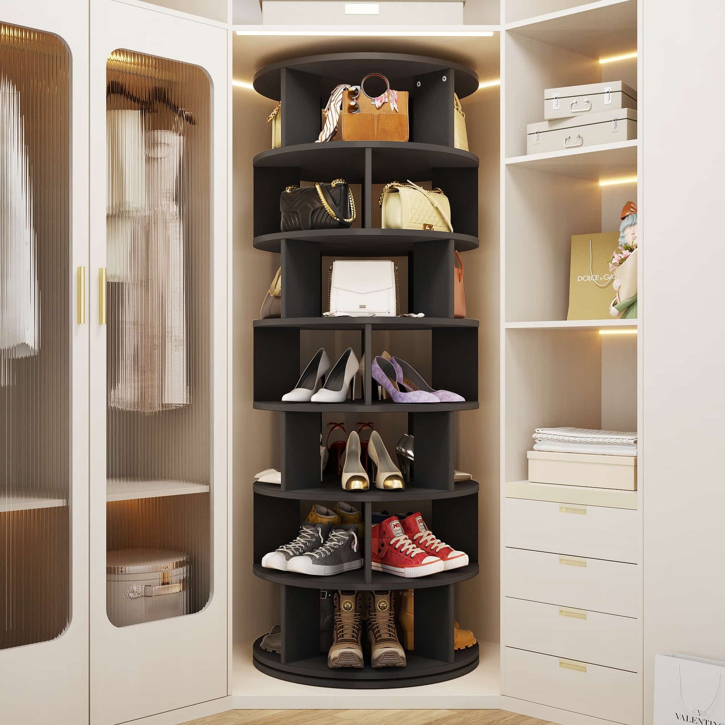 7-Tier Spinning Shoe Rack Tower, 360 Revolving wooden Shoe Rack, 60'' for shoes ,bags, Display Lazy Susan ,Storage Carousel
