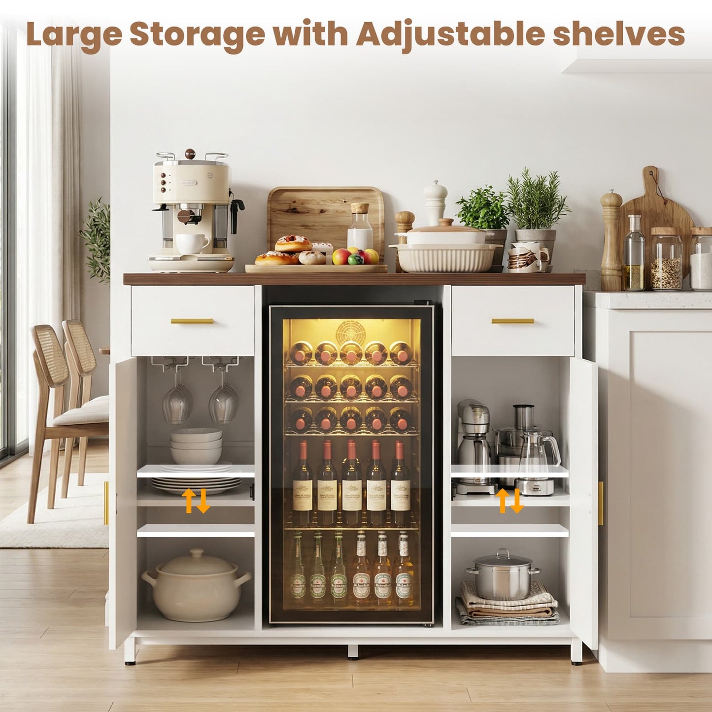 All-in-One Coffee Bar Cabinet with Mini Fridge Space & Power Outlet - Buffet Sideboard for Kitchen & Dining Room